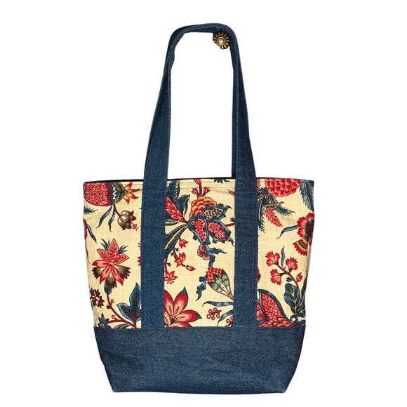 Handmade Denim & Floral Canvas Tote Bag with Pockets 13x14x6 - Picture 1 of 13